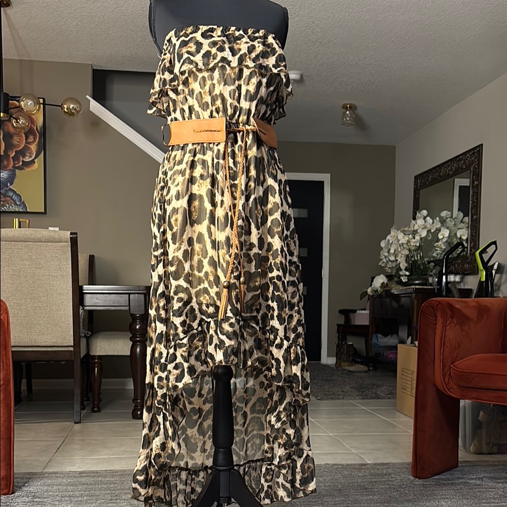 Leopard Print Strapless Dress with Tan Belt